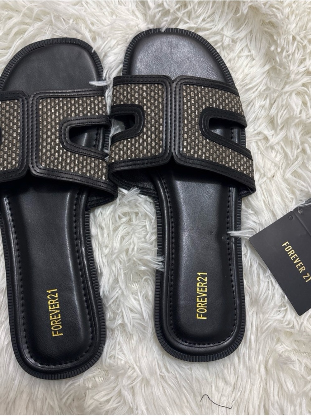 Forever 21 Black Slide Sandals with Woven Gray Accents